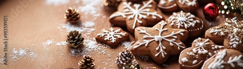 Delicious gingerbread cookies decorated with icing, surrounded by pinecones and festive ornaments. Perfect for holiday celebrations.