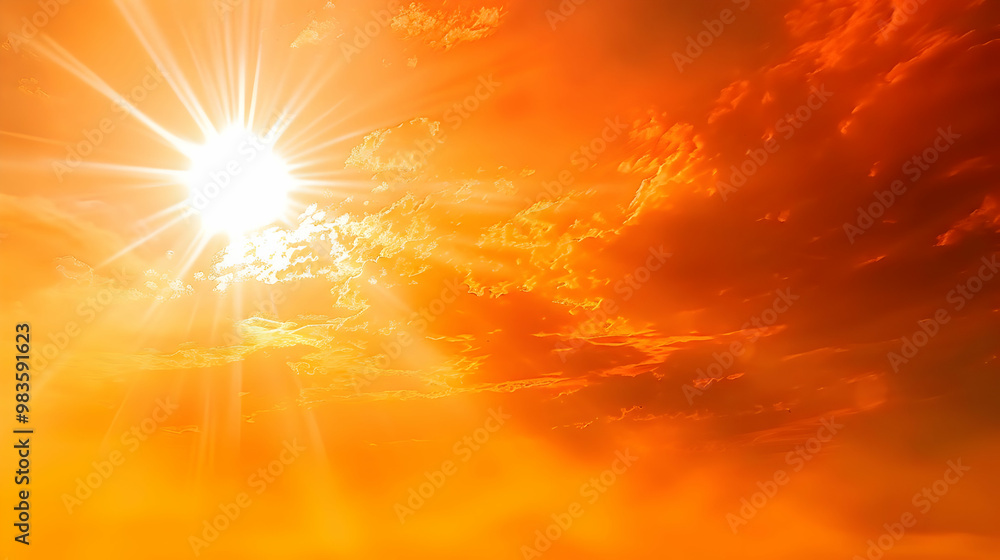 Obraz premium A Vivid, Warm Sunset Sky with a Bright, Shining Sun Radiating Through the Clouds