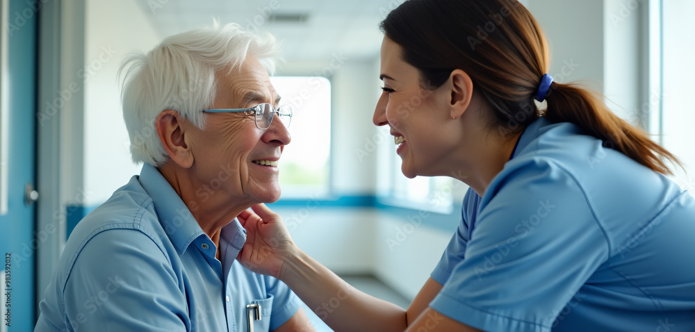 Obraz premium Elderly Man Sharing a Joyful Moment with Nurse in Hospital