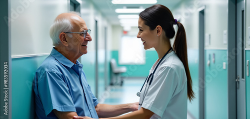 Elderly Man Enjoying a Warm Conversation with Nurse