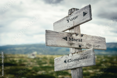 Fotografi your moral compass text quote on wooden directional signpost outdoors in nature