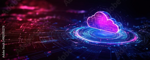 Colorful cloud computing graphic with digital data connections in dark background. photo