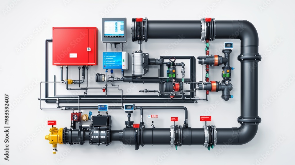 A complex arrangement of pipes, valves, and instruments showcasing a plumbing or industrial system. A complex arrangement of pipes, valves, and instruments showcasing a plumbing or industrial system.