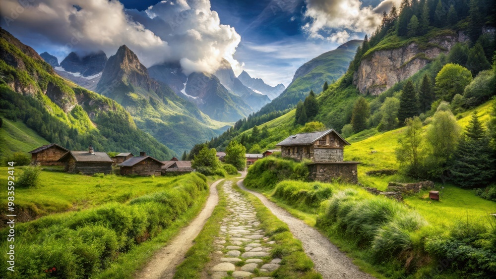 Scenic path through lush wilderness leading to remote mountain village landscape Scenic path through lush wilderness leading to remote mountain village landscape