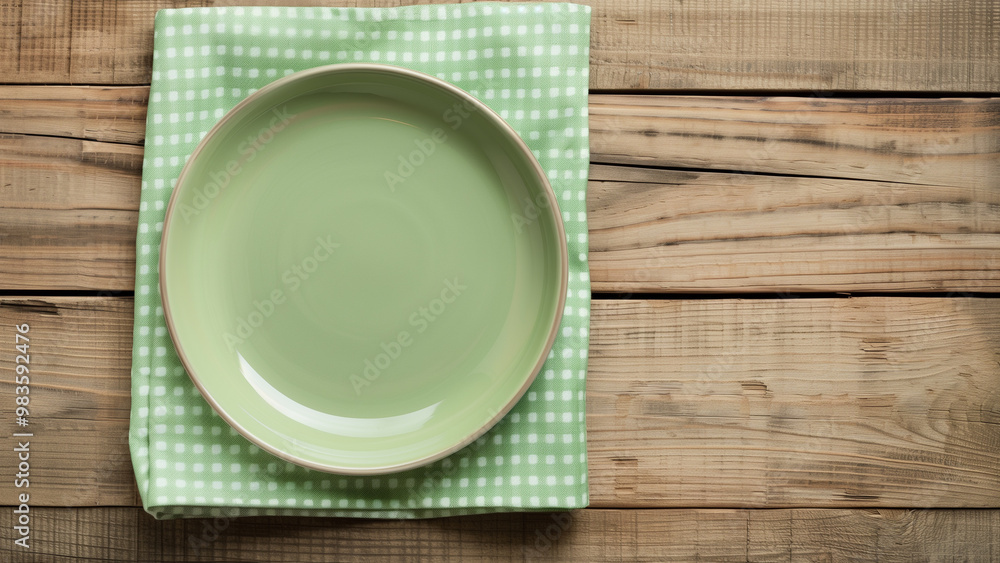 Top view of an empty green plate on a checkered napkin placed on a rustic wooden table, perfect for food styling and kitchen decor themes. Top view of an empty green plate on a checkered napkin placed on a rustic wooden table, perfect for food styling and kitchen decor themes.