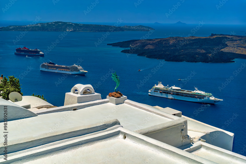 Fototapeta premium Early morning view of Fira bay on Santorini island, Greece. White roofs, seahorse statue, Nea Kameni, and the luxury cruise ships in the bay