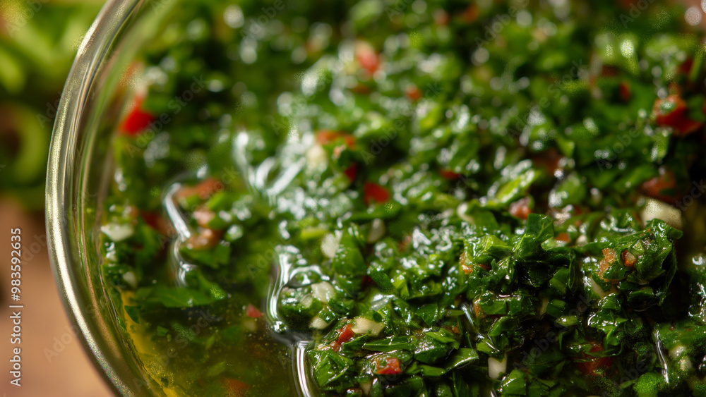 Close-up of vibrant chimichurri sauce made with fresh herbs, garlic, and oil, showcasing its rich texture. Close-up of vibrant chimichurri sauce made with fresh herbs, garlic, and oil, showcasing its rich texture.
