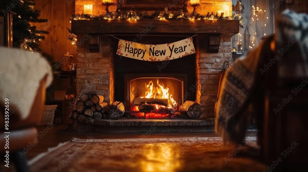 Cozy fireplace setting for New Year celebrations, adorned with festive decorations and a warm glow for a perfect holiday atmosphere. Cozy fireplace setting for New Year celebrations, adorned with festive decorations and a warm glow for a perfect holiday atmosphere.