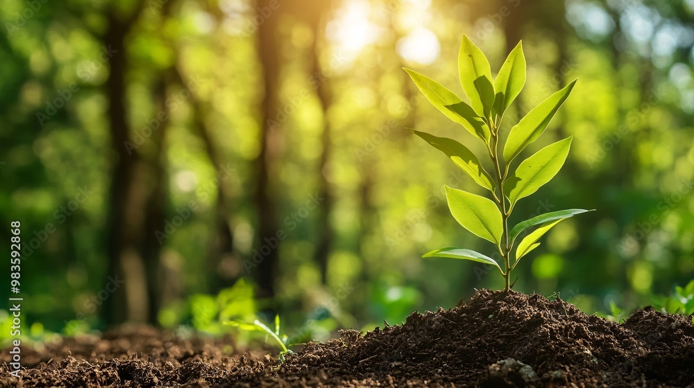 A Single Sapling Emerging from Rich Soil with a Blurred Forest Background A Single Sapling Emerging from Rich Soil with a Blurred Forest Background