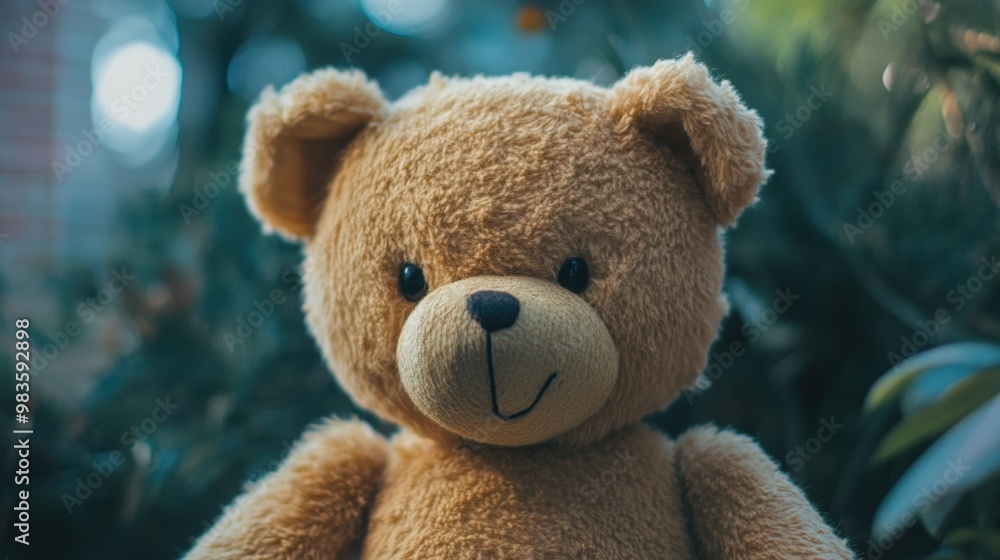 Adorable Brown Teddy Bear Embracing in Lush Green Forest Background Adorable Brown Teddy Bear Embracing in Lush Green Forest Background