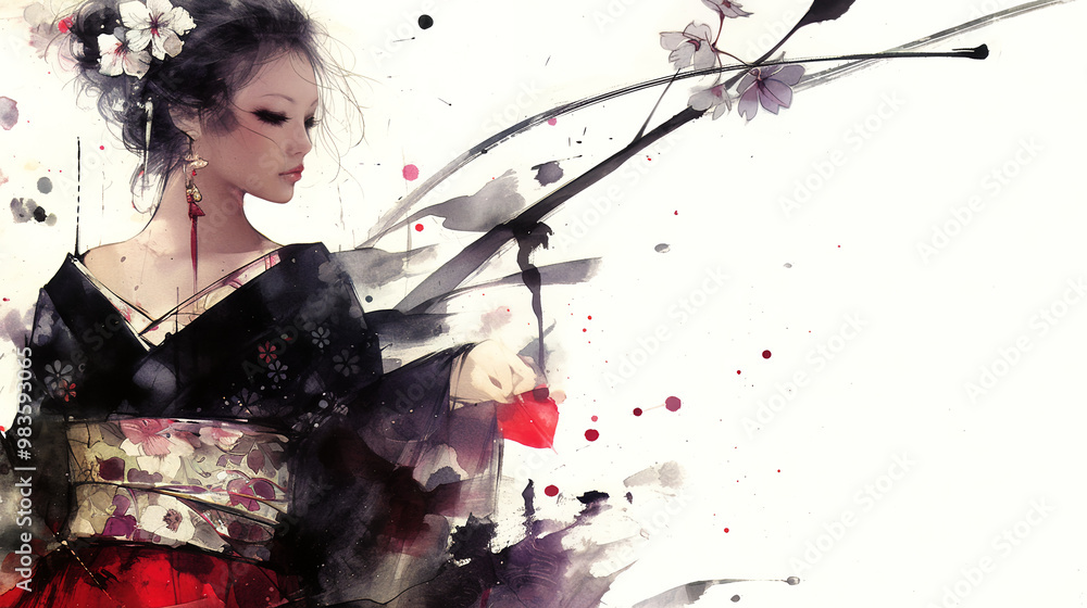 Fototapeta premium oiran, sumi-e, ink painting, Japanese painting, red light district, gorgeous, beautiful, kimono, hairpin, edo period, meiji, japan, sex appeal, traditional