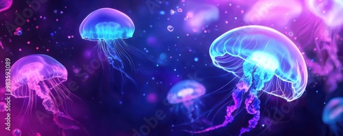 Glowing jellyfish swimming through a bright, colorful ocean of liquid light, symbolizing underwater imagination