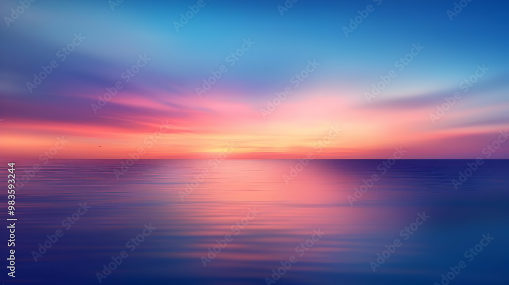 Obraz premium Abstract Watercolor Sunset Over Calm Ocean with Pink, Orange, and Blue Hues, Creates a Serene and Tranquil Landscape