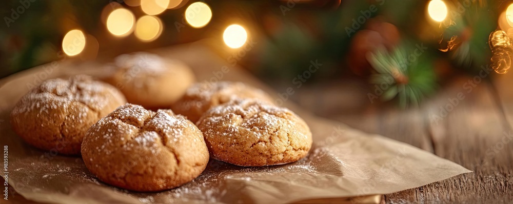 Delicious holiday cookies sprinkled with powdered sugar, set against a festive background of warm lights and natural decor. Delicious holiday cookies sprinkled with powdered sugar, set against a festive background of warm lights and natural decor.