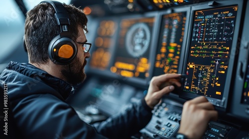 Pilot in headset operating advanced flight instruments in cockpit