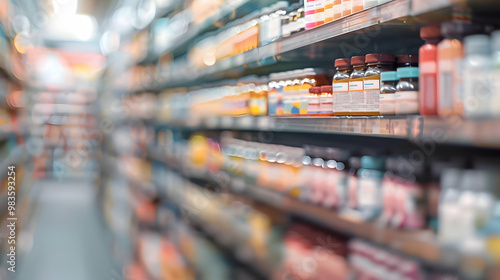 Blurry View of a Grocery Store Aisle with Shelves Stocked with Colorful Bottles and Jars, Creating a Sense of Abundance and Variety