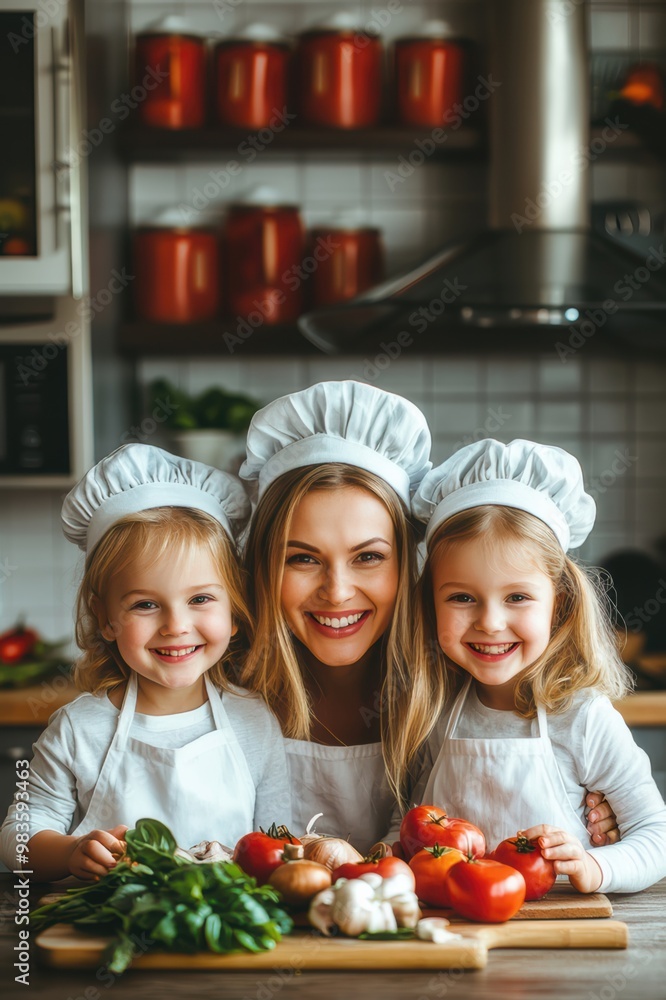 A woman and two children are posing in a kitchen with a variety of vegetables