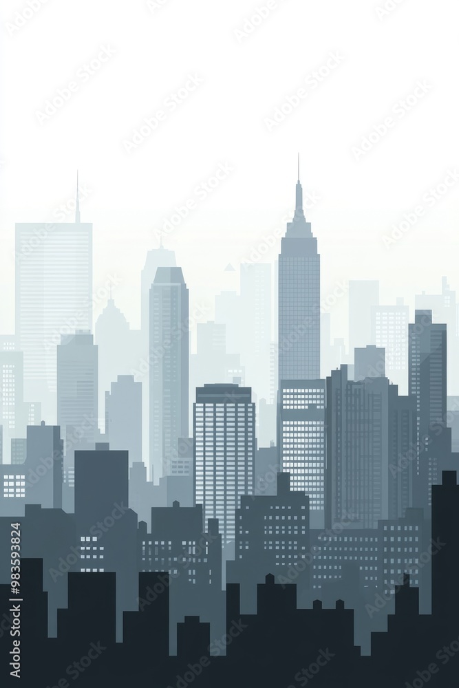 Obraz premium Skyline of a modern city featuring skyscrapers in shades of grey depicted in a flat style 2D cartoon illustration