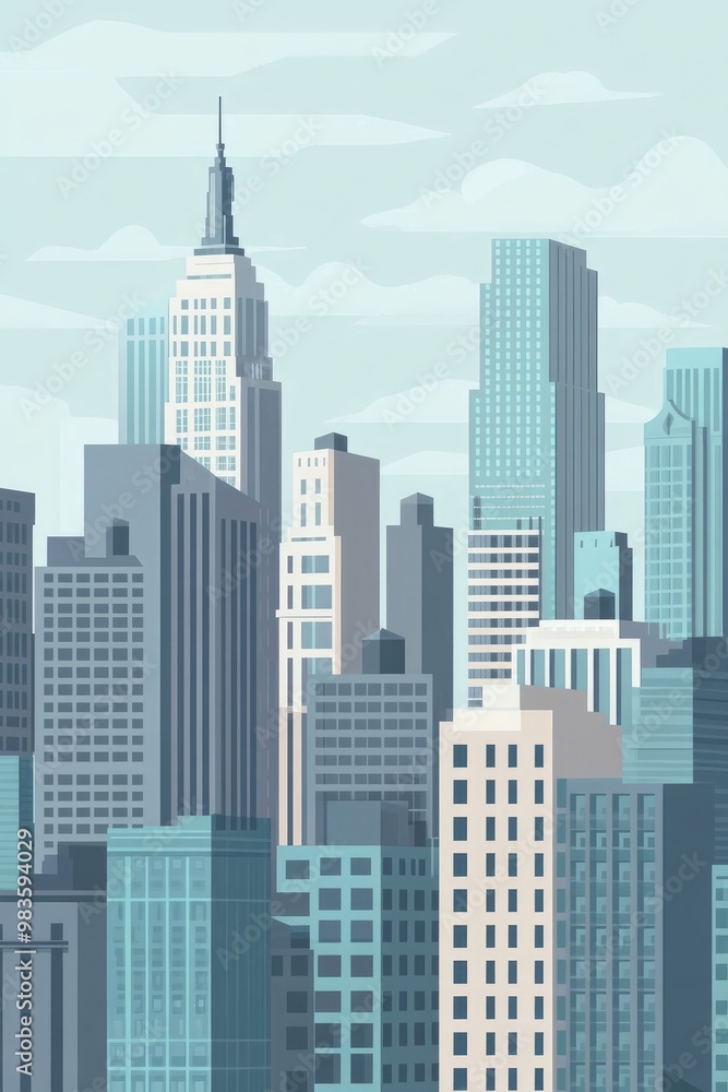 Skyline of a modern city featuring skyscrapers in shades of grey depicted in a flat style 2D cartoon illustration Skyline of a modern city featuring skyscrapers in shades of grey depicted in a flat style 2D cartoon illustration