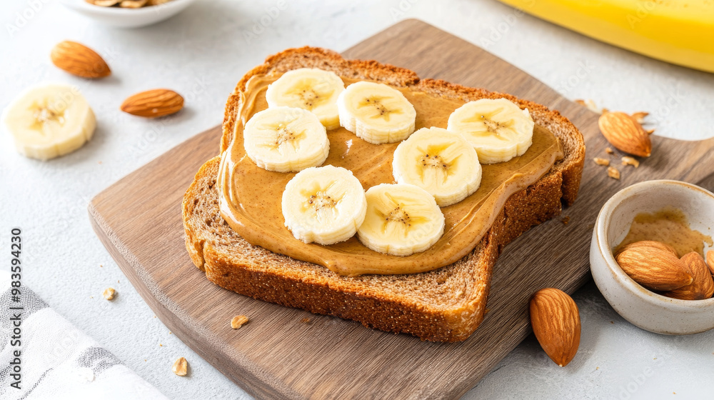 Delicious almond butter spread on whole grain bread topped with fresh banana slices creates nutritious and satisfying snack. Perfect for healthy breakfast or afternoon treat! Delicious almond butter spread on whole grain bread topped with fresh banana slices creates nutritious and satisfying snack. Perfect for healthy breakfast or afternoon treat!