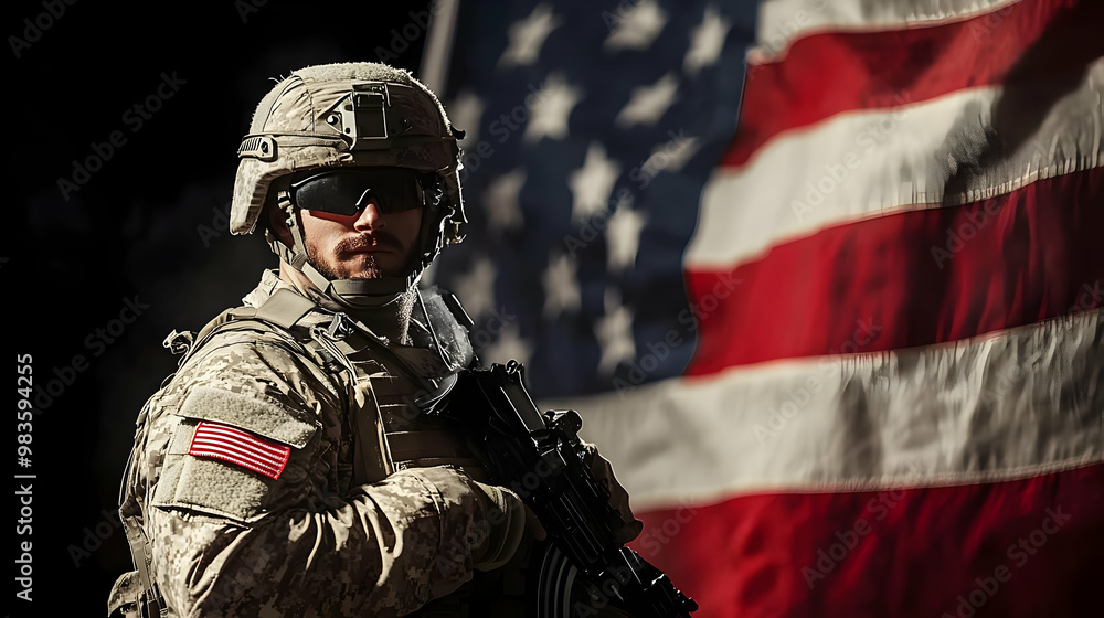 A Portrait of a Soldier Standing in Front of an American Flag, Holding a Rifle with a Determined Expression on His Face, Demonstrating Strength and Patriotism in a Dark and Dramatic Setting. A Portrait of a Soldier Standing in Front of an American Flag, Holding a Rifle with a Determined Expression on His Face, Demonstrating Strength and Patriotism in a Dark and Dramatic Setting.