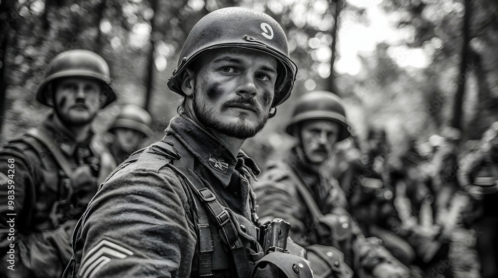 A Close-Up Portrait of a Soldier in a Military Uniform, Wearing a Helmet and Looking Directly at the Camera, in a Black and White Photograph Taken in a Forest Setting A Close-Up Portrait of a Soldier in a Military Uniform, Wearing a Helmet and Looking Directly at the Camera, in a Black and White Photograph Taken in a Forest Setting