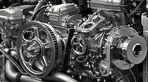 A Close-Up View of a Complex Engine System with Metal Gears, Belts, and Components in Black and White