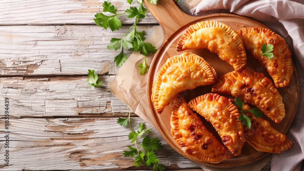 Golden fried empanadas on a wooden board with fresh parsley Golden fried empanadas on a wooden board with fresh parsley
