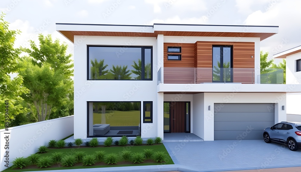 Modern two-story house with white walls and wooden accents, large windows overlooking the green landscape of an urban area, modern architecture, front view, exterior shot, detailed rendering. Modern two-story house with white walls and wooden accents, large windows overlooking the green landscape of an urban area, modern architecture, front view, exterior shot, detailed rendering.