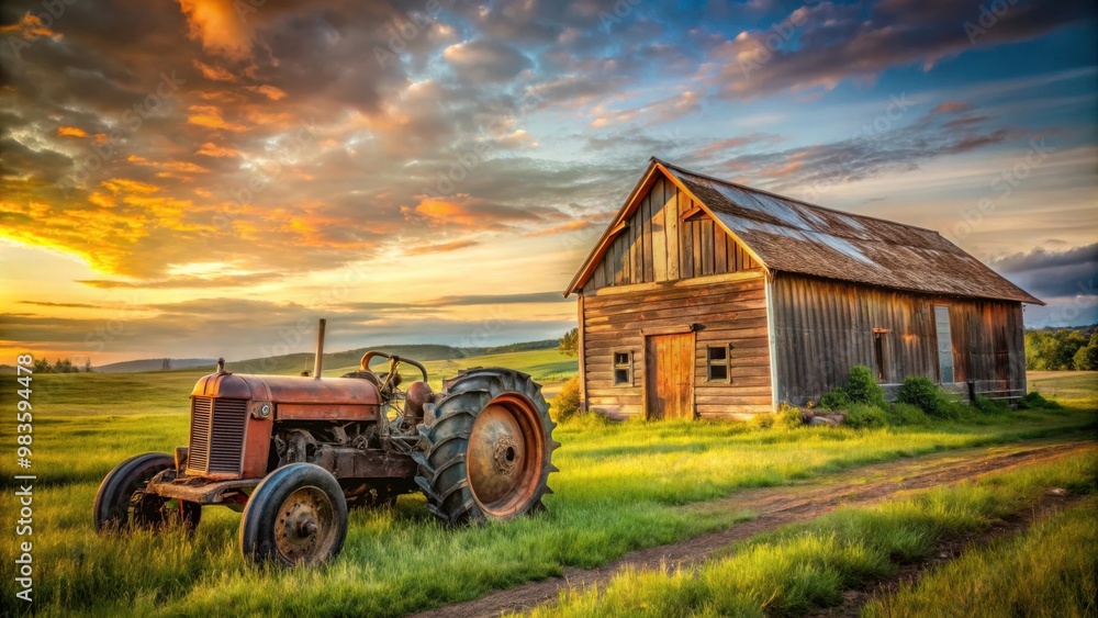 Obraz premium Rusty vintage tractor by a weathered barn in a scenic field landscape