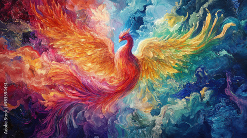 A multicolored phoenix rising from sea of vibrant colors symbolizes rebirth and transformation, showcasing stunning display of fiery feathers and swirling hues