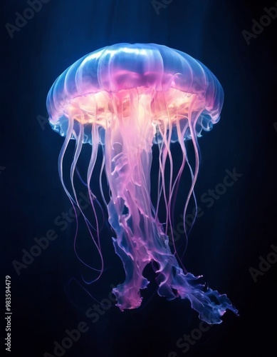 A vibrant jellyfish drifts gracefully through the dark waters, glowing in shades of purple and pink. The bioluminescent glow creates a magical effect, captivating with its translucent tentacles.