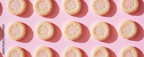 Delicious cookies arranged in a neat pattern on a pink background, perfect for food styling or bakery-themed projects.