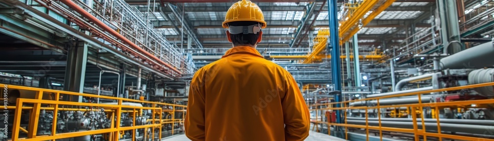 Industrial Worker in Factory with Yellow Hard Hat and Safety Gear Industrial Worker in Factory with Yellow Hard Hat and Safety Gear