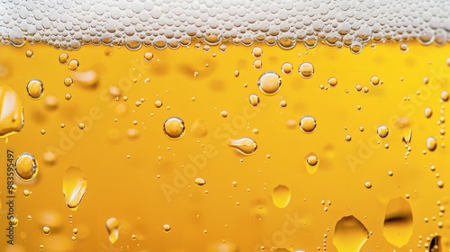 Captivating close up of golden yellow beer in clear glass with creamy foam and bubbles photo