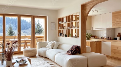 This image showcases a cozy, modern living room with a white sectional sofa, wooden design elements, and large windows offering a breathtaking mountain view and natural light.