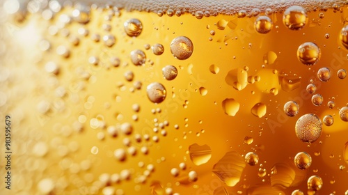 Close up of golden yellow beer in clear glass with creamy foam and refreshing atmosphere