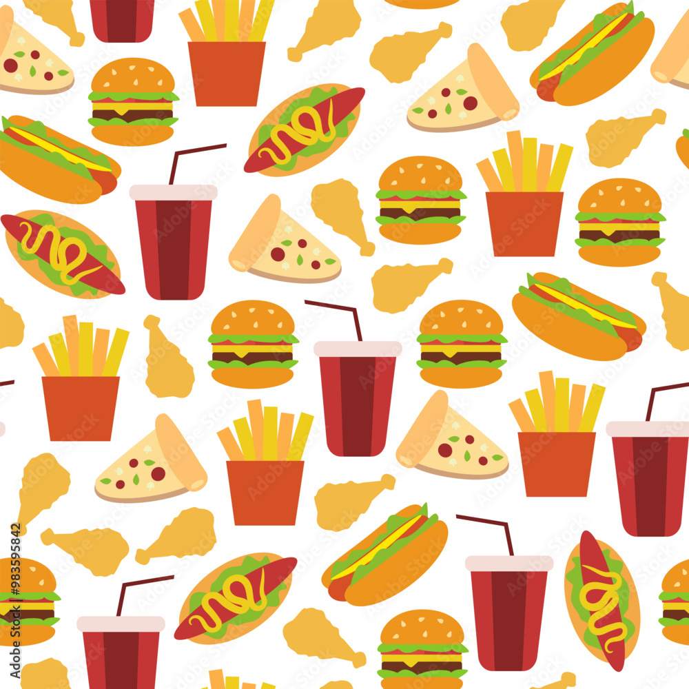 fast food pattern background. burger pattern background. french fries pattern. fried chicken pattern. fast food pattern background. burger pattern background. french fries pattern. fried chicken pattern.
