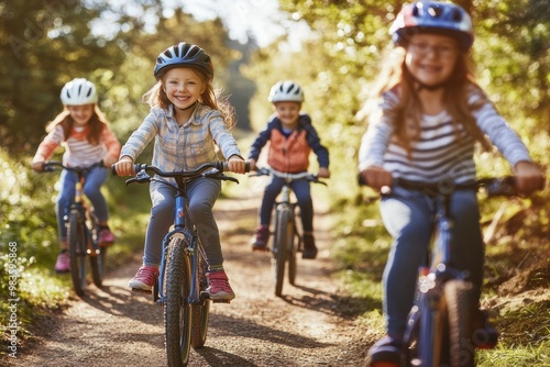 A group of children are riding bikes on a dirt path