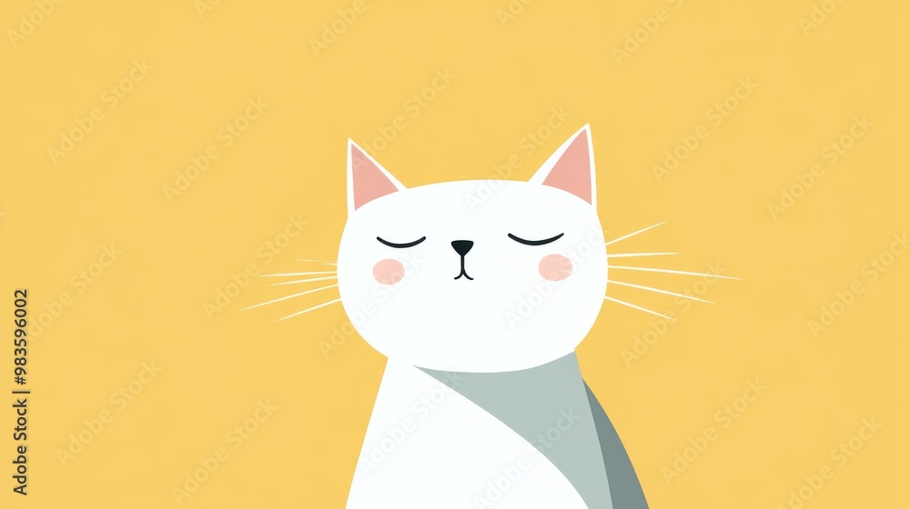 A minimalist cartoon illustration of a white cat with a pink nose and closed eyes, evoking a sense of tranquility and peace against a yellow backdrop. A minimalist cartoon illustration of a white cat with a pink nose and closed eyes, evoking a sense of tranquility and peace against a yellow backdrop.