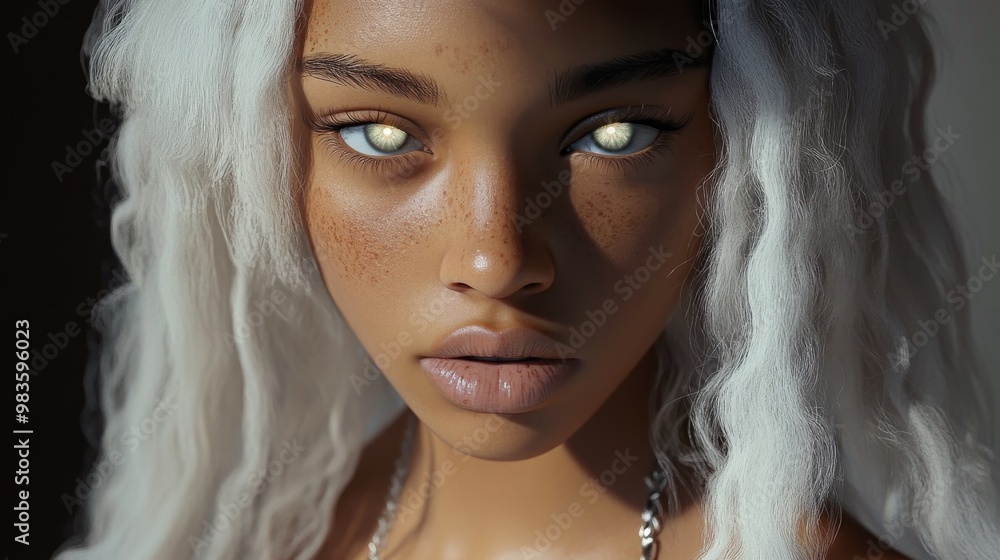 A captivating portrait featuring a woman with luminous eyes and white hair, showing serene beauty and artistic style in a timeless expression. A captivating portrait featuring a woman with luminous eyes and white hair, showing serene beauty and artistic style in a timeless expression.