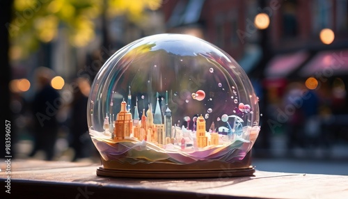 A miniature cityscape is encapsulated inside a clear glass globe, resting on a wooden surface with a blurred, urban background. This artistic, imaginative scene contrasts the intricate details of the photo