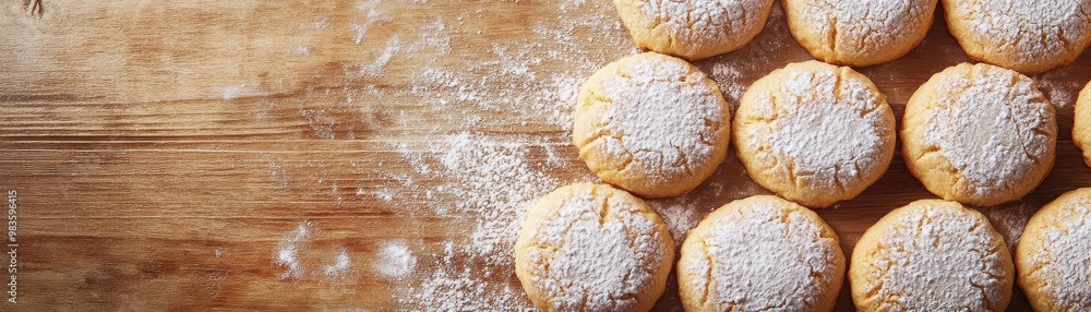 Freshly baked cookies dusted with powdered sugar on a wooden table, perfect for dessert lovers and festive occasions. Freshly baked cookies dusted with powdered sugar on a wooden table, perfect for dessert lovers and festive occasions.