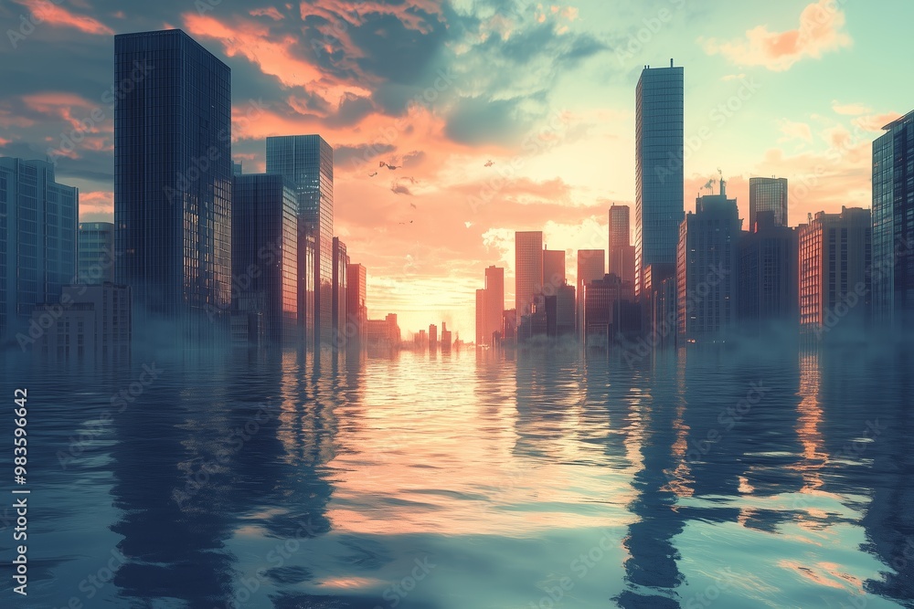 Fototapeta premium Sunken City Reflections: A haunting yet beautiful vista of a flooded metropolis at sunset, mirroring the vibrant sky as skyscrapers pierce the clouds. 