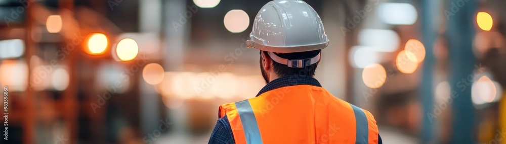 Construction Worker in Hard Hat and Safety Vest Looking Ahead Construction Worker in Hard Hat and Safety Vest Looking Ahead