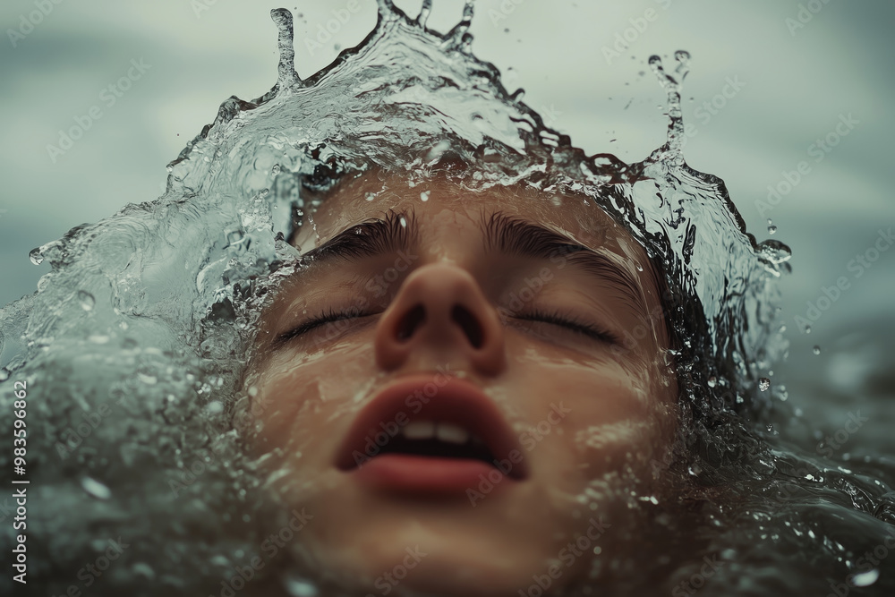 Submerged in Serenity: A young woman finds peace amidst the crashing waves, her face framed by a crown of shimmering water droplets. Submerged in Serenity: A young woman finds peace amidst the crashing waves, her face framed by a crown of shimmering water droplets.