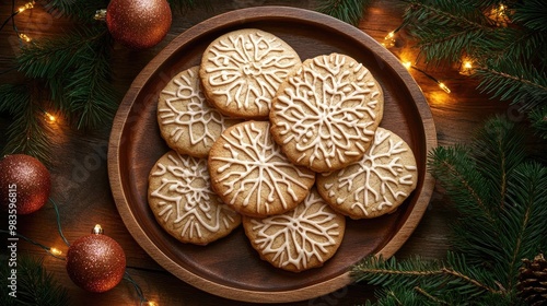Delicious snowflake-shaped cookies on a wooden plate, perfect for holiday gatherings and festive celebrations.