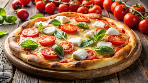 Gourmet pizza topped with fresh tomatoes, gouda, and mozzarella cheese