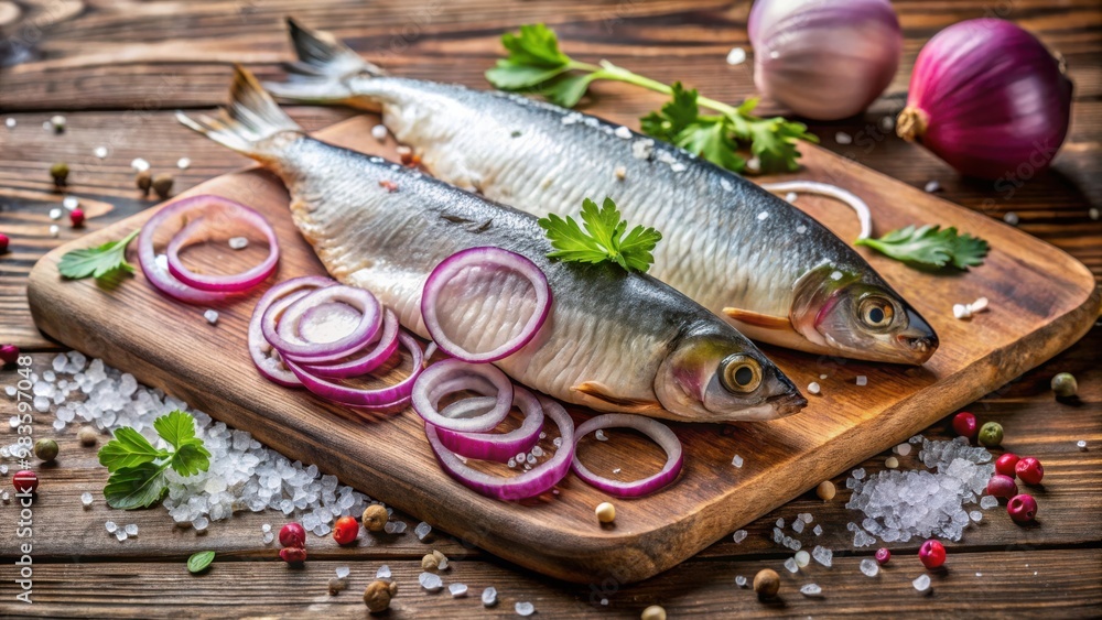 Delicious salted herring with red onion, salt, and pepper on rustic wooden background Delicious salted herring with red onion, salt, and pepper on rustic wooden background