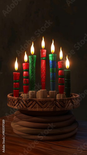 Carved Wooden Kwanzaa Kinara with Vibrant Candles